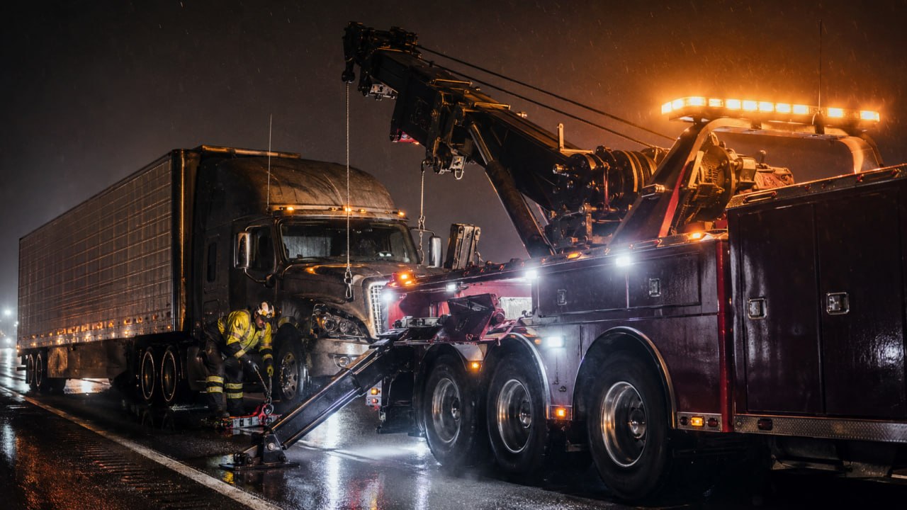 Heavy duty tow truck recovering a semi truck at night in Dallas Texas